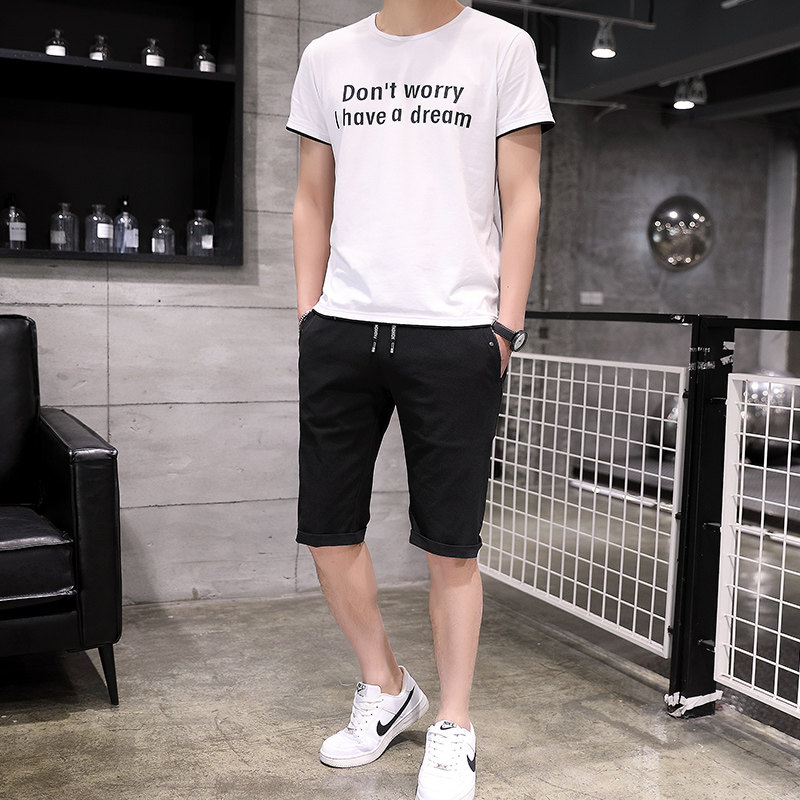 男士夏季休闲运动套装2024夏装时尚短袖字母T恤韩版短裤五分裤潮,淘宝优惠券,粉丝福利购,淘宝优惠卷