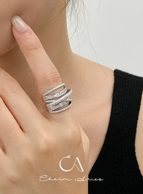 女纯银时尚线条层次戒指满钻高级