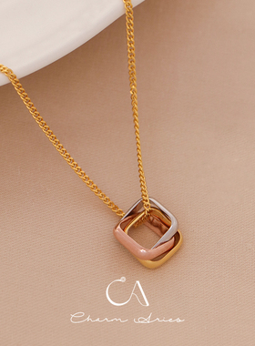 s925银环环相扣三色方环轻奢项链