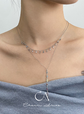 S925纯银锁骨链女生彩虹流苏项链