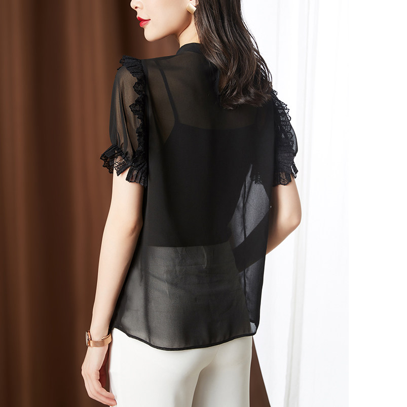 透视女短袖2020夏季新款宽松雪纺衫 古妮朵女装蕾丝衫/雪纺衫