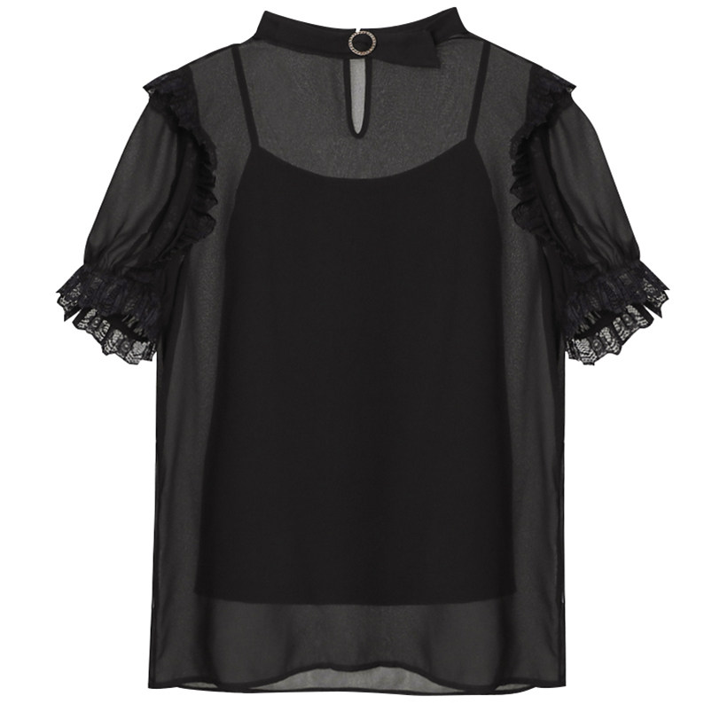 透视女短袖2020夏季新款宽松雪纺衫 古妮朵女装蕾丝衫/雪纺衫