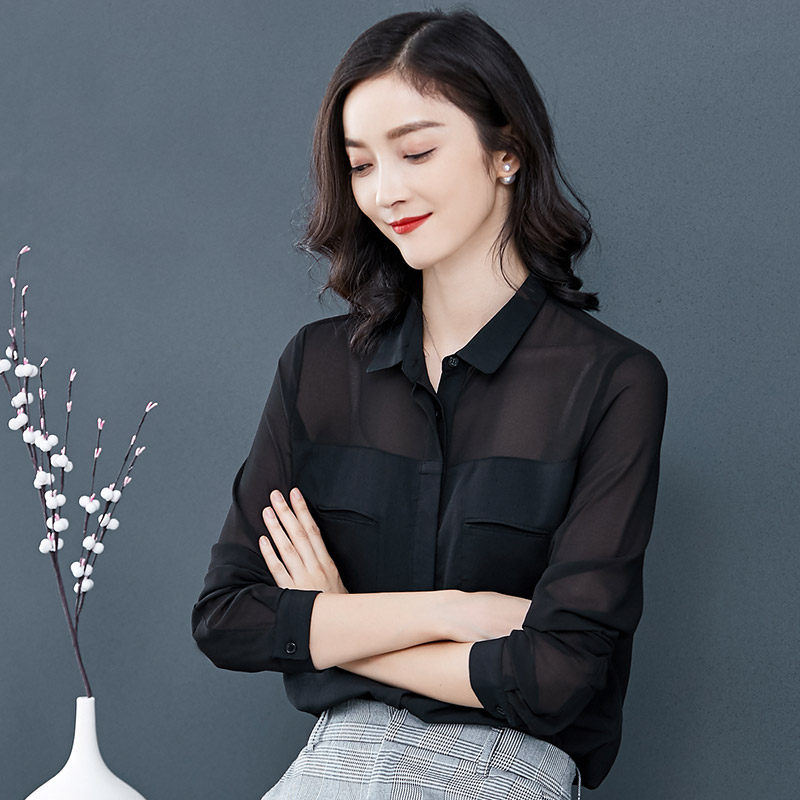 洋气百搭女2020秋装新款黑色衬衫 古妮朵女装蕾丝衫/雪纺衫