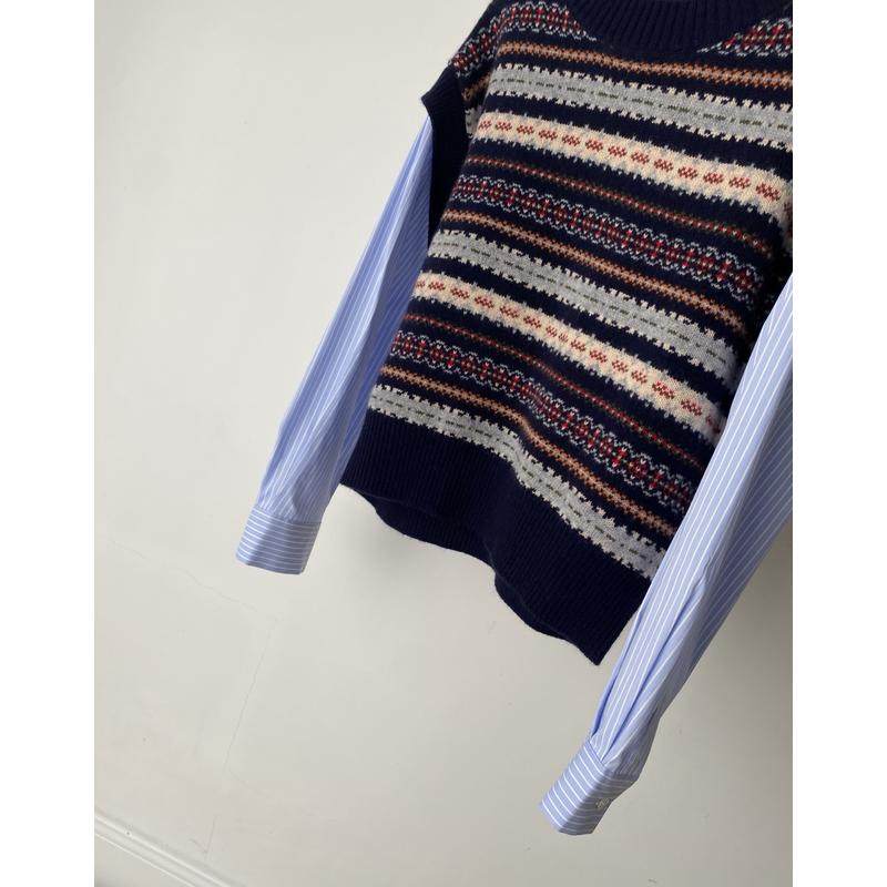 2026年春季新款复古费尔岛风假两件针织衫圆领拼接衬衫袖毛衣上衣,淘宝优惠券,粉丝福利购,淘宝优惠卷