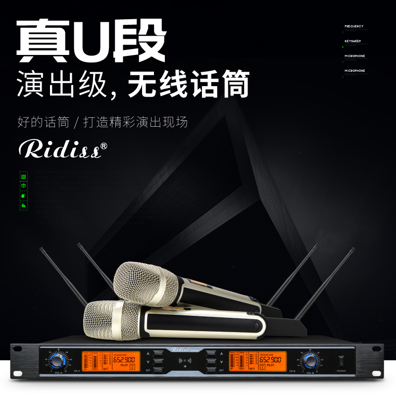 Ridiss SKM9000 一拖二U段无线调频麦克风家用K歌KTV演出会议话筒