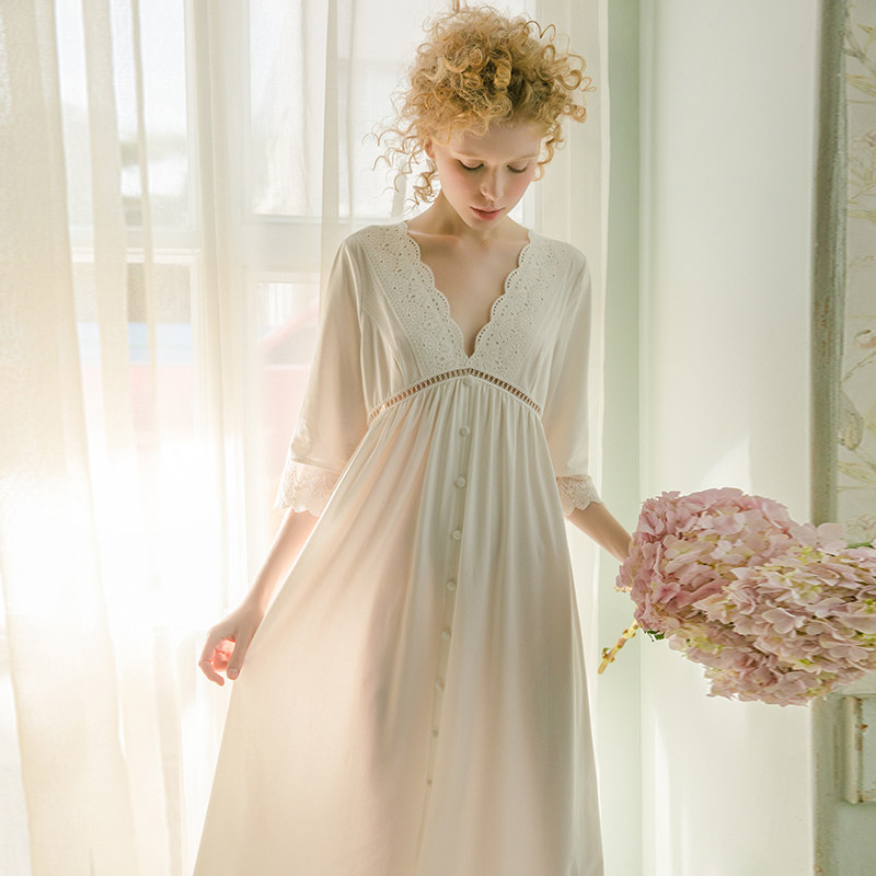 春季宫廷性感蕾丝长袖v领纯色睡裙 尘熙睡裙