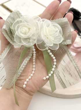 双花欧根纱珍珠蝴蝶结胸针
