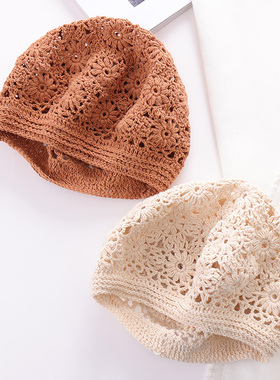 手工钩针贝雷帽女士春夏花朵帽子