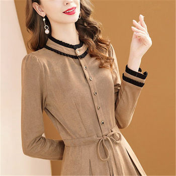 Mingsi retro temperament dress ຂອງແມ່ຍິງພາກຮຽນ spring 2022 ຄົນອັບເດດ: ໃຫມ່ lace collar drawstring slimming ກາງ-ຄວາມຍາວເສື້ອ dress