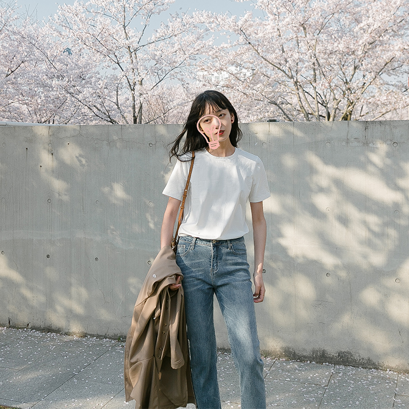 iris.O鸢百搭水洗做旧磨白须边九分弹力修身显瘦微喇叭牛仔裤春夏 - 图0