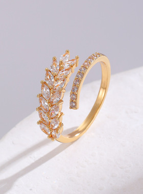 精致麦穗锆石开口戒指女轻奢铜镀金满钻手饰