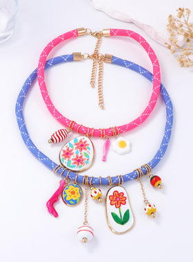 欧美简约时尚多巴胺彩色鸡蛋花珊瑚吊坠几何双层项链女