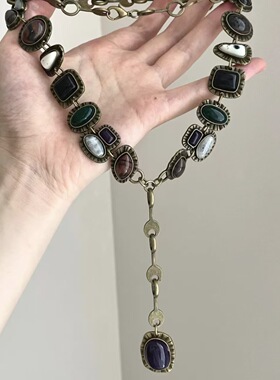 中古vintage几何宝石吊坠项链复古做旧感毛衣链配饰