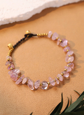 手工编织天然水晶手链海蓝宝紫水晶男女叠戴手串戳爷ins同款手绳