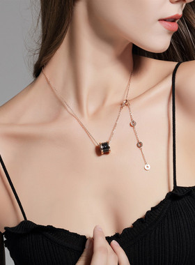 罗马数字黑白陶瓷项链女钛钢小红人玫瑰金锁骨链