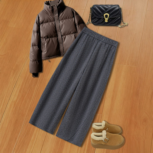 拉夏贝尔灰色毛呢弯刀裤女秋冬季2026新款小个子高腰显瘦阔腿裤子 - 图2