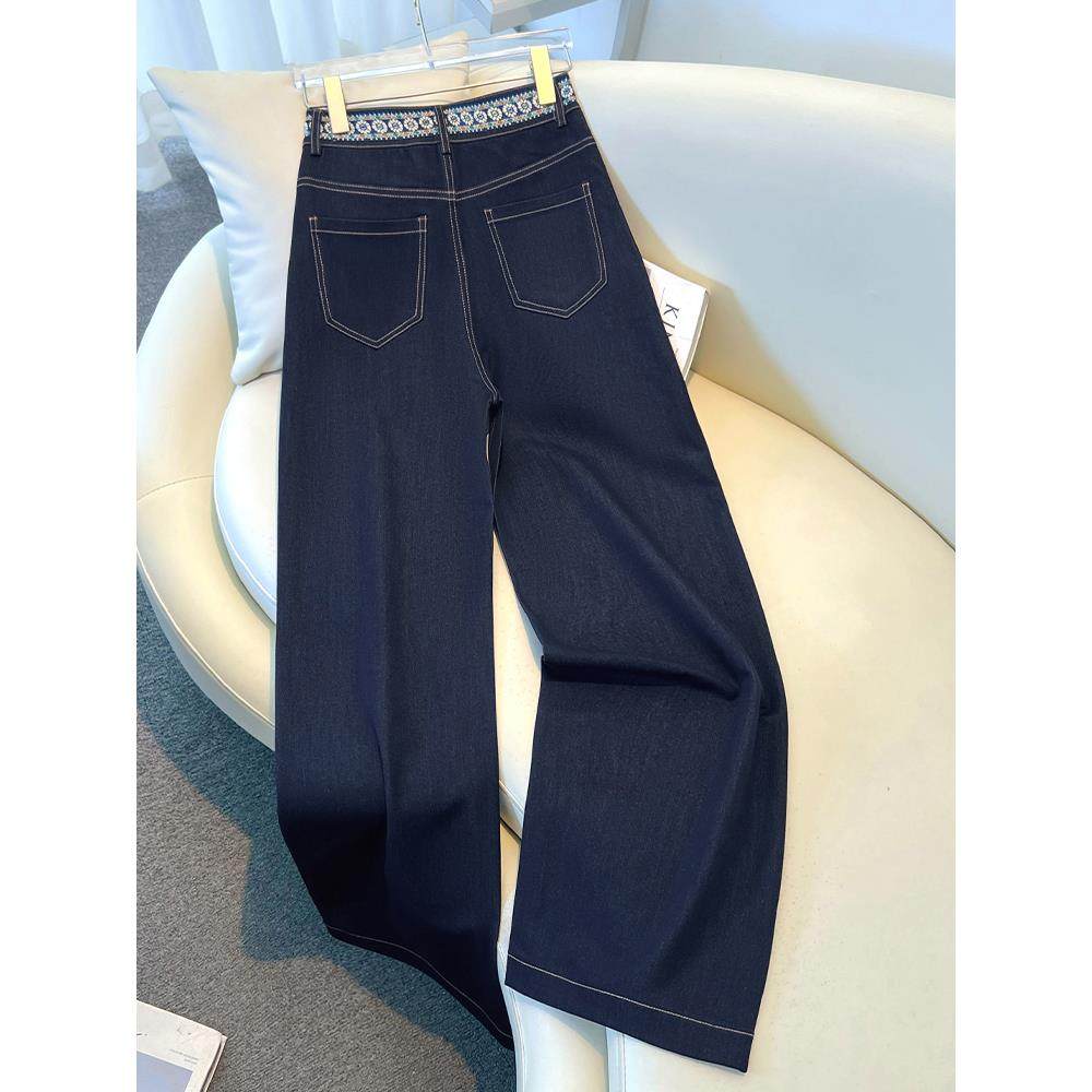 拉夏贝尔宽松丹宁蓝牛仔裤女秋季2025新款高级感刺绣直筒阔腿裤子,淘宝优惠券,粉丝福利购,淘宝优惠卷