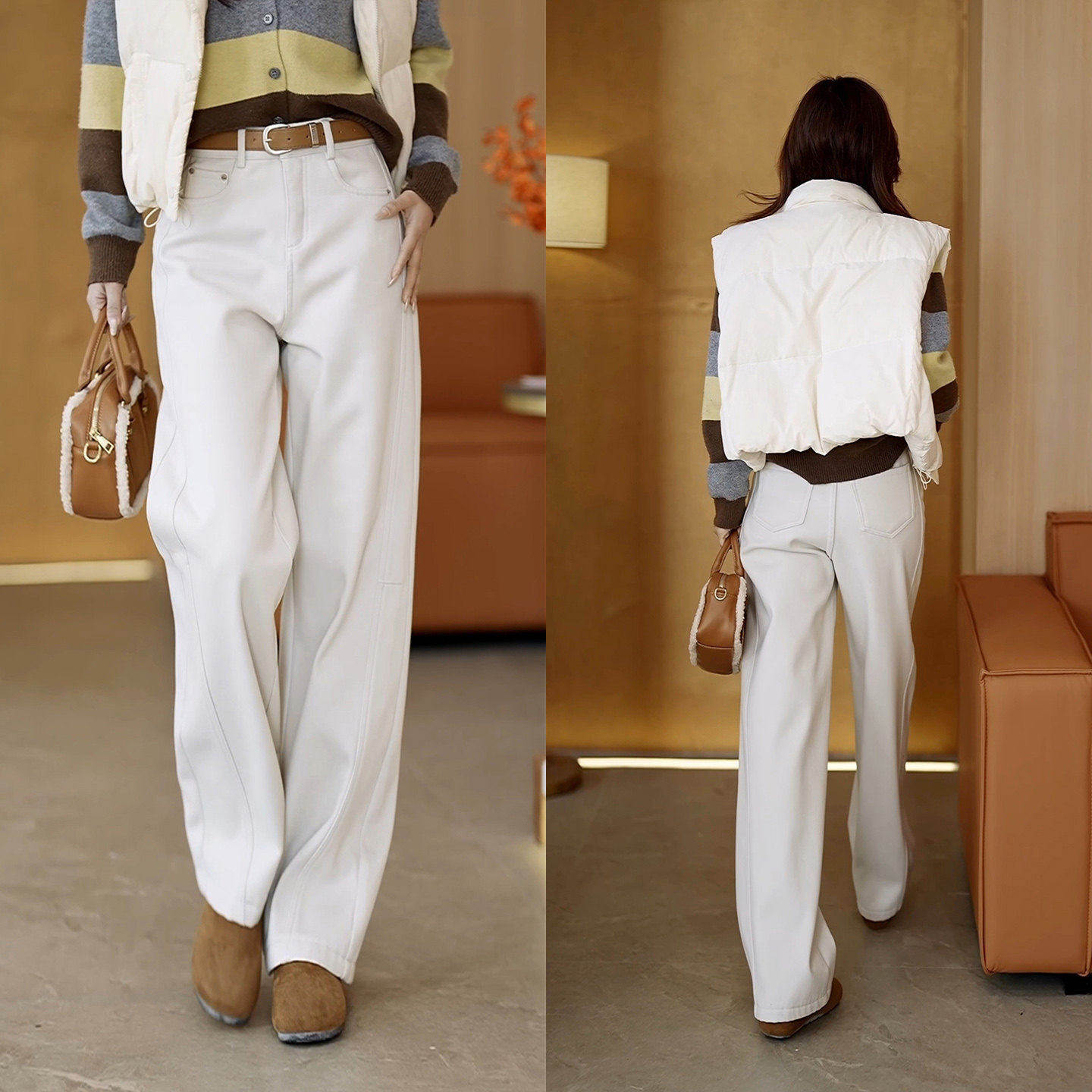 拉夏贝尔加绒阔腿裤女秋冬季浅色牛仔裤2025新款休闲裤弯刀裤长裤,淘宝优惠券,粉丝福利购,淘宝优惠卷