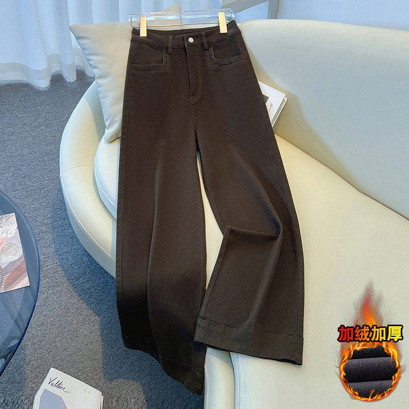 拉夏贝尔米白色加绒裤子女冬季2025款水洗棉小个子宽松百搭阔腿裤,淘宝优惠券,粉丝福利购,淘宝优惠卷