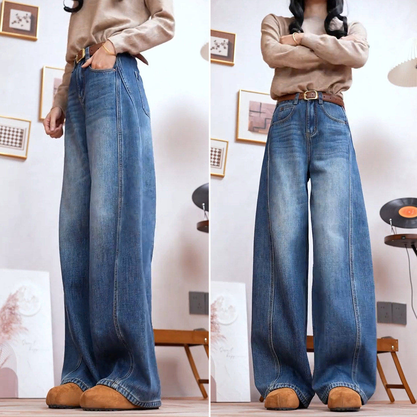 拉夏贝尔大码牛仔裤加绒裤子梨型身材粗腿2025新款女士弯刀阔腿裤,淘宝优惠券,粉丝福利购,淘宝优惠卷