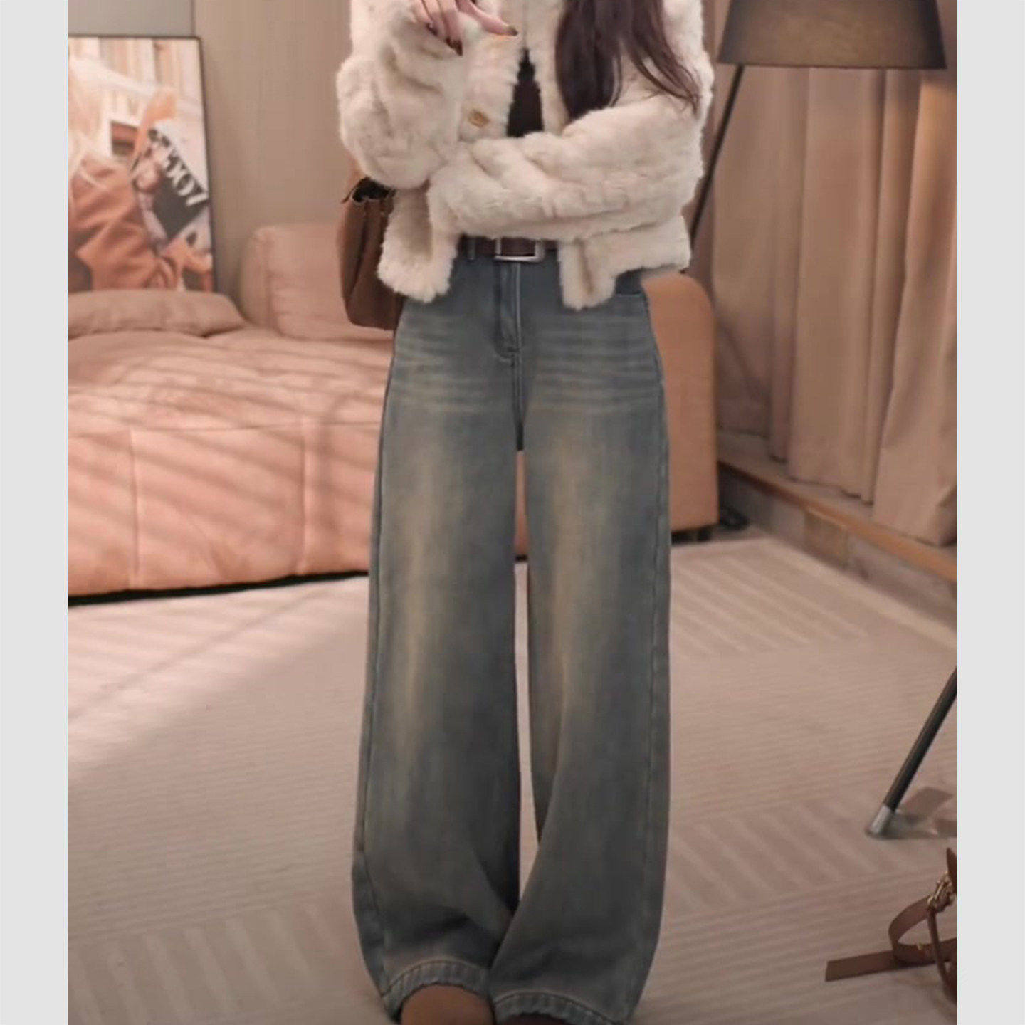 拉夏贝尔复古水洗设计感阔腿牛仔裤女款加绒2025款胖mm显瘦直筒裤,淘宝优惠券,粉丝福利购,淘宝优惠卷