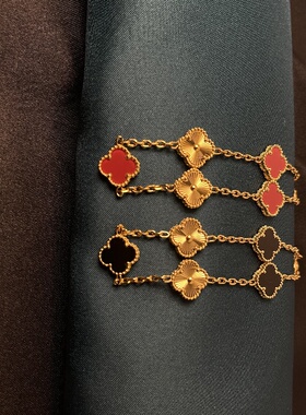 幸运四叶草五花手链女18k玫瑰金色轻奢叠戴玛瑙镭射满钻贝母首饰