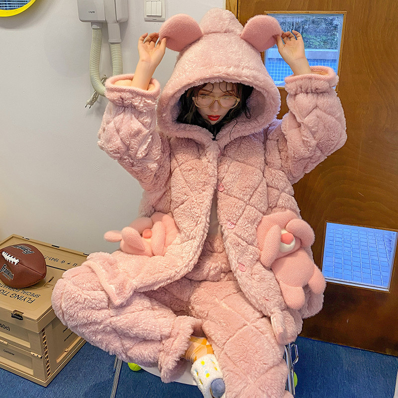 情侣冬季珊瑚绒三层夹棉加绒睡衣 缪黛睡衣/家居服套装