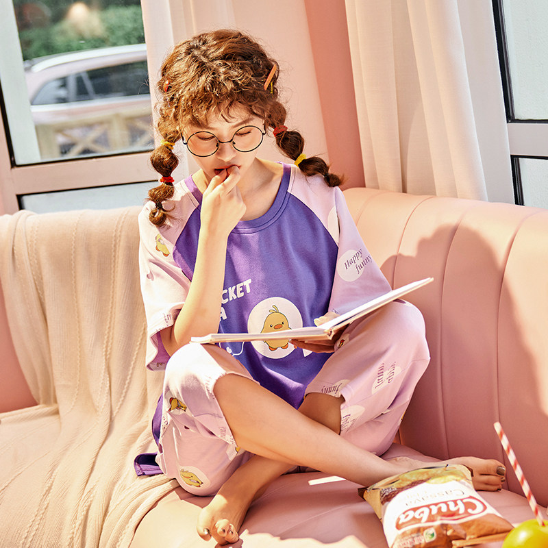 女士夏季纯棉短袖卡通七分裤睡衣 缪黛睡衣/家居服套装