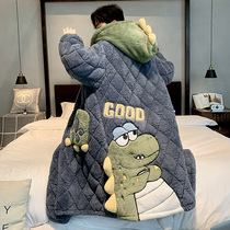 Autumn Winter Coral Suede Men Sleeping Robes Plus Suede Gush Winter Three Layers Clip Cotton Padded Jacket Dinosaur Palate Dinosaur Home Clothing