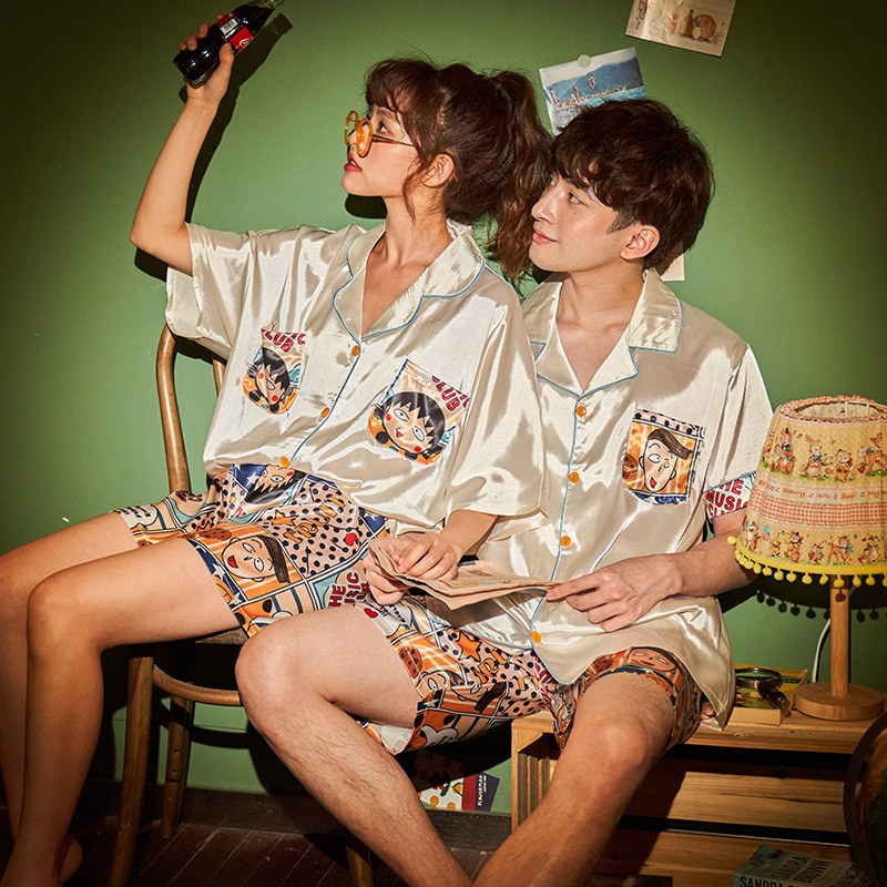 情侣夏季冰丝绸薄款短袖男士睡衣 缪黛睡衣/家居服套装