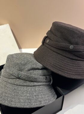 日系个性设计款羊毛混纺渔夫帽春秋新款交叉绑带复古老钱风盆帽女