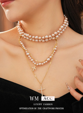 珍珠双层镶钻十字架吊坠项链轻奢小众锁骨链时尚复古宫廷风饰品女