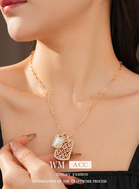 贝母锆石方形葫芦吊坠项链轻奢小众锁骨链个性冷淡风饰品女感