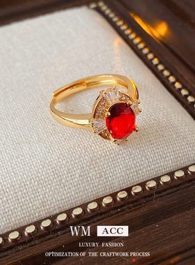 中古vintage锆石椭圆开口戒指轻奢小众感食指戒复古百搭手饰