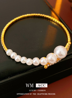 冷淡风镶钻珍珠开口手镯时尚个性简约百搭手环轻奢感手饰