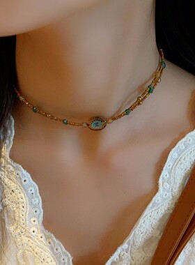 春款新款捷克珠双层橄榄绿花朵撞色颈链精致项链叠戴颈链清新复古