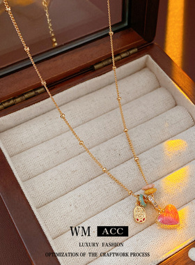 中古vintage锆石滴油爱心吊坠项链轻奢感锁骨链时尚复古饰品