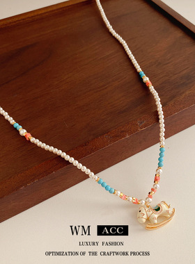 中古vintage小马吊坠珍珠项链时尚复古百搭锁骨链设计感小众饰品