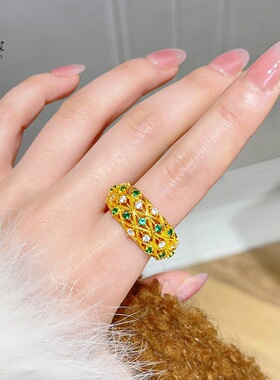 戒指指环金店同款轻沙金绿钻花丝礼物唐宫菱格夜宴可调节奢送女友