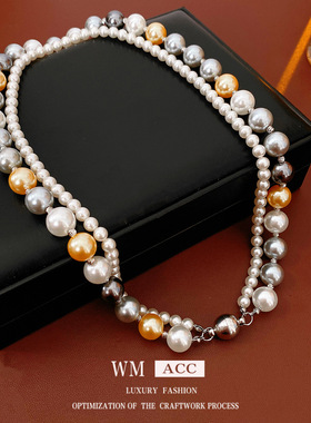 圆形双层磁吸吊坠珍珠项链法式复古宫廷风锁骨链小众感饰品女