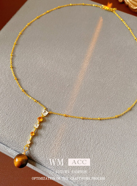 锆石虎眼石圆形吊坠项链轻奢小众感锁骨链设计感精致复古饰品