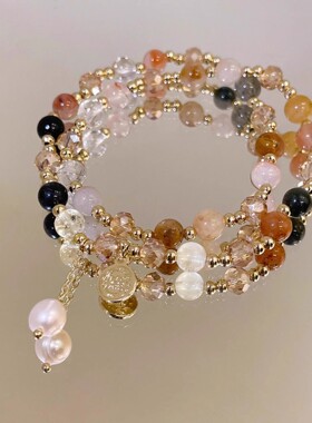 双层茶晶串珠珍珠手链小众法式复古轻奢高级感手串气质百搭手饰女