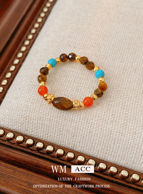 中古vintage虎眼石玛瑙弹力戒指小众感食指戒复古民族风手饰