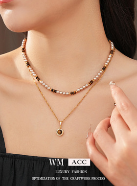 珍珠虎眼石圆形吊坠项链时尚复古美拉德锁骨链气质小众感饰品