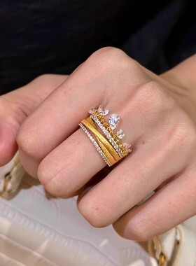金色水滴流苏戒指女款中古轻奢高级感复古指环多层流苏拉丝食指戒