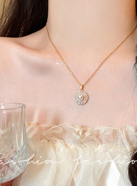 小众时尚满锆珍珠吊坠钛钢项链女气质轻奢百搭高级感超闪颈链配饰