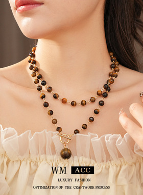 虎眼石串珠圆形吊坠项链时尚复古美拉德毛衣链小众感百搭饰品