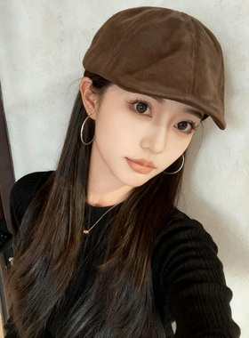 5新麂皮绒贝雷帽女秋冬显脸小美式复古前进帽大头围鸭舌帽子