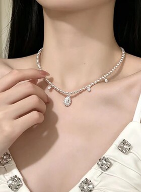 芭蕾风时尚曼塔玫瑰珍珠项链女法式小众轻奢设计感锁骨链锆石颈链