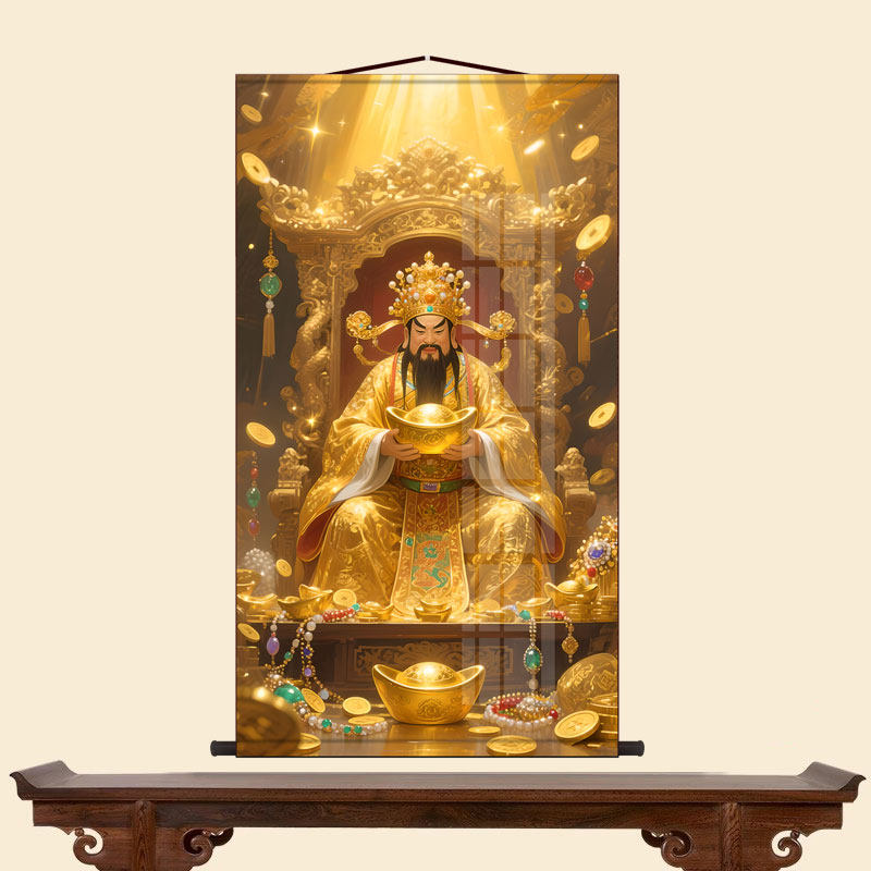 财神爷画像书房玄关挂画客厅装饰字画走廊沙发背景墙丝绸卷轴画,淘宝优惠券,粉丝福利购,淘宝优惠卷
